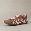 Brown and pink sneaker on a beige background with HelloKitty charm lightweight y2k retro shoes old order 