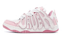 Photo of bright pink OLD ORDER sneakers with white laces and rubber soles. The vibrant pink color matches the tone of Barbie's world in her new movie.  cool sneaker trendy shoes sneakers street style shoes inspo ， pink girly thing, pink girly aesthetic